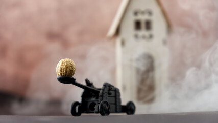funny diorama of a catapult while pulling a peanut on a wooden house