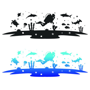 recommend clip art: Scuba Illustration Clip Art Design Scene with Animals. Collection Silhouettes Icon Ocean Vector.