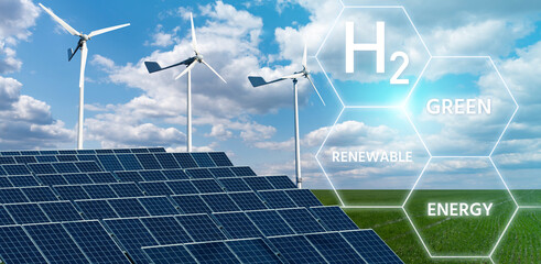 Getting green hydrogen from renewable energy sources. Concept - obrazy, fototapety, plakaty