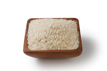 wooden bowl filled up with white rice-raw