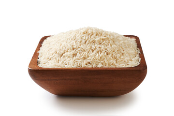 wooden bowl filled up with white rice-raw