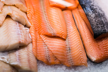 Fresh fish fillet put up for sale in a supermarket  refrigerator