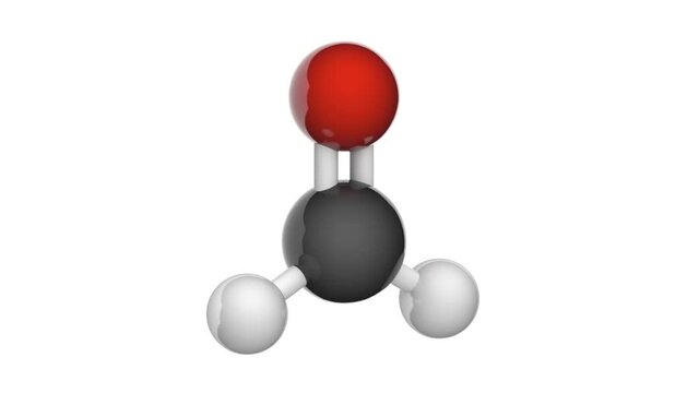 Formaldehyde is a naturally occurring organic compound with the formula H2CO or CH2O. Chemical structure model: Ball and Stick. 3D render. Seamless loop.