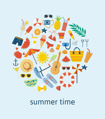 Summer set, accessories. Beach, sunglasses, umbrella, fruit, sunscreen, surfboard, ice cream, soft drinks, slippers. vector illustration