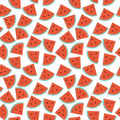 Seamless watermelons pattern. Cheerful design for kids products with watermelon smiling characters on white background. Vector illustration.