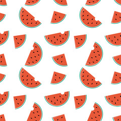 Seamless watermelons pattern. Cheerful design for kids products with watermelon smiling characters on white background. Vector illustration.