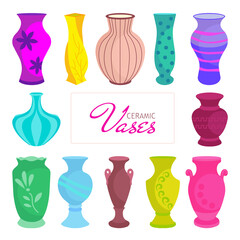 Ceramic vases collection with floral and abstract patterns isolated on white vector illustration