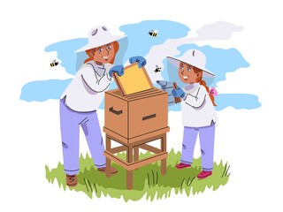 Girl watching mother taking out honeycomb in beekeeper farm. Childhood outdoor vector illustration. Little curious girl looking at bees and honey production. Fun hobby and leisure activity