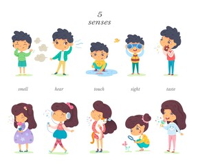 Boy and girl showing five senses set. Sense of sight, touch, hear, smell, taste vector illustration. Small happy children in nature and exploring wonders of spring. Joyful education at childhood