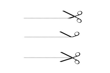 black scissors icon cut line on white background