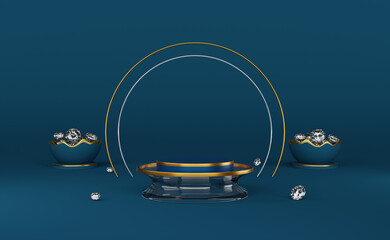 podium empty and diamond with egg shell in blue  composition for modern stage display and minimalist mockup ,abstract showcase background ,Concept 3d illustration or 3d render
