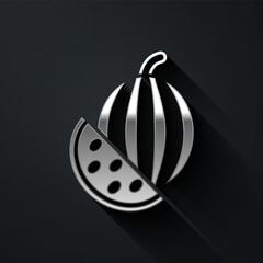 Silver Watermelon icon isolated on black background. Long shadow style. Vector