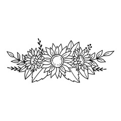 Sunflowers. Outline drawing. Line vector illustration.  Isolated on white background. Design of invitations, wedding or greeting cards.