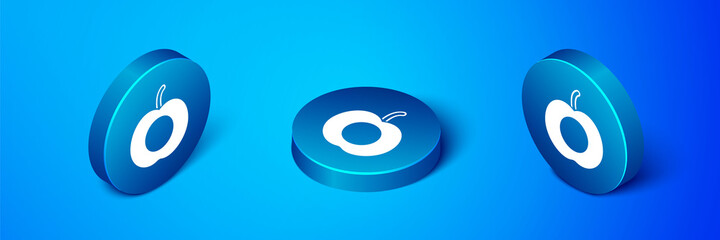Isometric Peach fruit or nectarine with leaf icon isolated on blue background. Blue circle button. Vector
