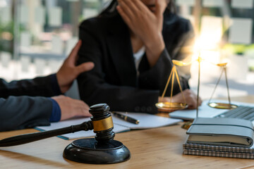 lawyer consoling solution to his clients provides legal advice and trust commitment strain serious for problem, justice and law concept.