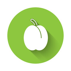 White Plum fruit icon isolated with long shadow. Green circle button. Vector