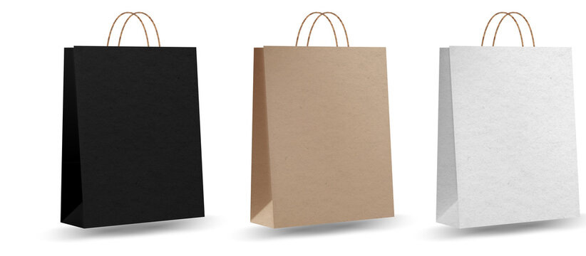 Shopping Bag Mockups. Paper Package Isolated On White Background. Realistic Mockup Of Craft Paper Bags.