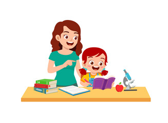 cute little girl study with mother at home together