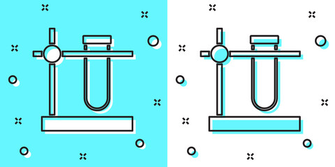 Black line Glass test tube flask on stand icon isolated on green and white background. Laboratory equipment. Random dynamic shapes. Vector