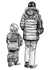 Sketch of a mother with his little child walking together outdoors