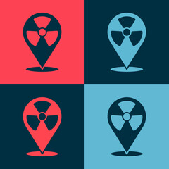 Pop art Radioactive in location icon isolated on color background. Radioactive toxic symbol. Radiation Hazard sign. Vector