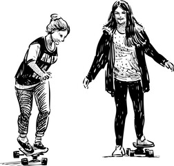 Sketches of teen girls training on skateboards
