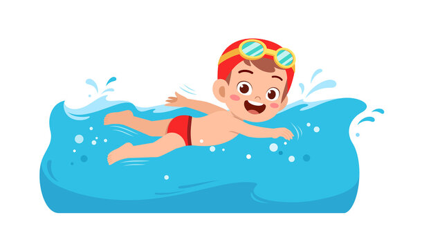 Cute Little Kid Boy Swim Under Water On Summer Holiday
