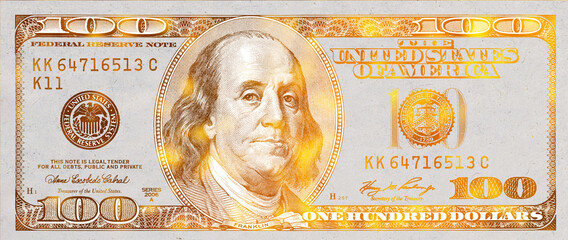 golden textured 100 US dollar banknote - obrazy, fototapety, plakaty