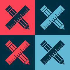 Pop art Crossed ruler and pencil icon isolated on color background. Straightedge symbol. Drawing and educational tools. Vector