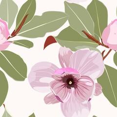 Seamless floral pattern with pink tropical magnolia flowers with leaves on light background. Template design for textiles, interior, clothes, wallpaper. Botanical art. Engraving style