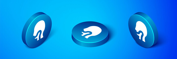 Isometric Sore throat icon isolated on blue background. Pain in throat. Flu, grippe, influenza, angina. Healthcare and medical. Blue circle button. Vector