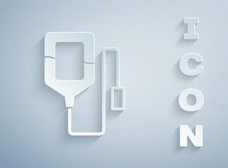Paper cut IV bag icon isolated on grey background. Blood bag. Donate blood concept. The concept of treatment and therapy, chemotherapy. Paper art style. Vector