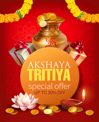 Promotion banner with gold pot (kalash), coins, gifts and diya (oil lamp) for Indian festival Akshya Tritiya. Vector illustration.