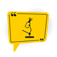 Black Microscope icon isolated on white background. Chemistry, pharmaceutical instrument, microbiology magnifying tool. Yellow speech bubble symbol. Vector