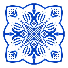 Tapeten Azulejos Portuguese tile floor pattern, Lisbon seamless indigo blue tiles, vintage geometric ceramic, Spanish vector background. Moroccan geometrical interior patchwork. Azulejo moroccan wallpaper © gnatiuklv