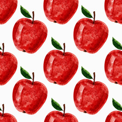 seamless watercolor pattern red apple on a white background for printing on fabric, wallpaper, packaging, paper, postcards