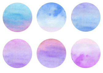 Bundle of templates for networks Story Highlights Covers Icons. Watercolor hand-drawn rounds for social media stories for bloggers. Purple and blue colors..