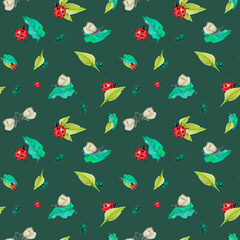 Seamless pattern with Red ladybug, butterfly, green leaves and beetles. Watercolor hand drawn elements. Perfect for printing on the fabric, design package and cover. Green background
