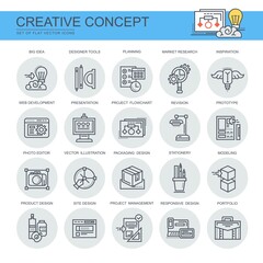 Creative concept. Set of flat, vector, linear icons. There are icons such as big idea, marketing search, plan, portfolio, presentation and others.