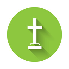 White Grave with cross icon isolated with long shadow. Green circle button. Vector