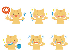 ねこ　歯医者　歯みがきのイラストセット