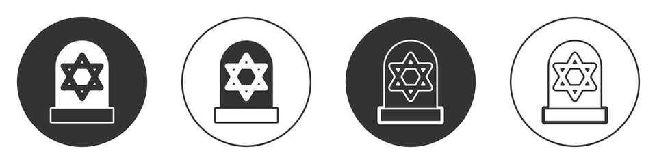 Black Tombstone with star of david icon isolated on white background. Jewish grave stone. Gravestone icon. Circle button. Vector