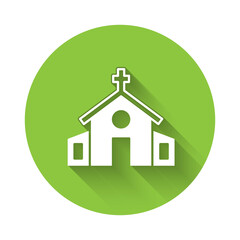 White Church building icon isolated with long shadow. Christian Church. Religion of church. Green circle button. Vector