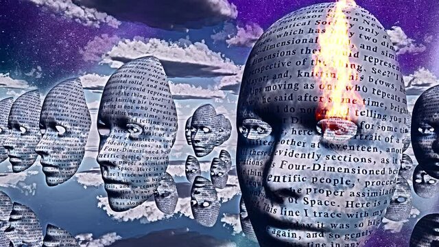 Surreal faces with text hovers in the sky
