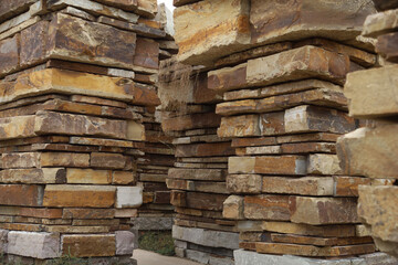 Closeup of stacked rocks in The Gathering Place park in Tulsa, Oklahoma
