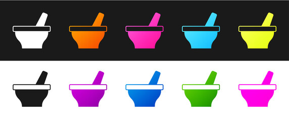 Set Mortar and pestle icon isolated on black and white background. Vector