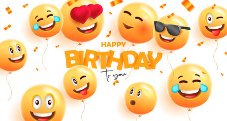 Birthday banner with festive 3d round balloons with happy smiles face expressions and confetti