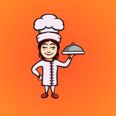 chef woman with a tray, restaurant logo