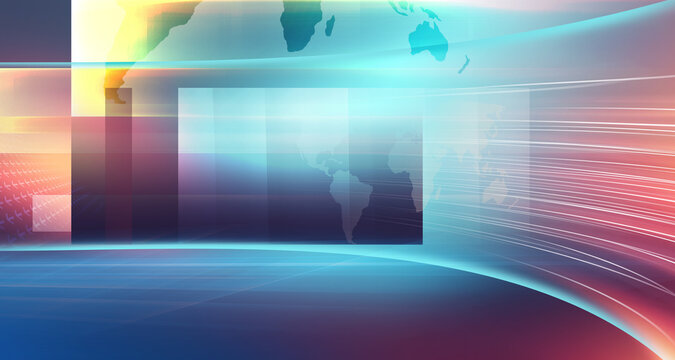 3D render of modern news studio space with world map on a flat screen for general news background