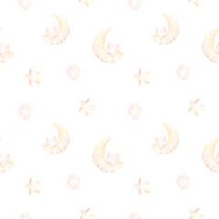 Obraz premium Seamless children's pattern with a month, stars and the sun with rays in beige and pink tones on a powdery background. Great for fabric, scrapbook and scrapbook paper, postcards and decor